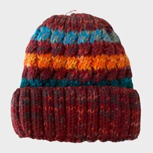 Super Soft Burgundy Orange Blue Striped Beanie